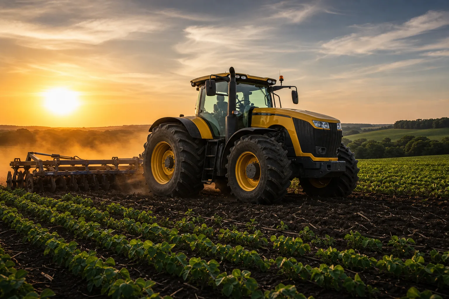 Trator agrícola amarelo trabalhando na lavoura